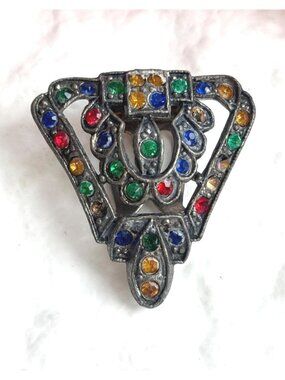 Triangular Art Deco Rainbow Fruit Salad Rhinestone Vintage Dress Clip | Fur Clip